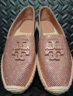 Tory Burch Everly embellished suede upper espadrille shoes rose gold size 8